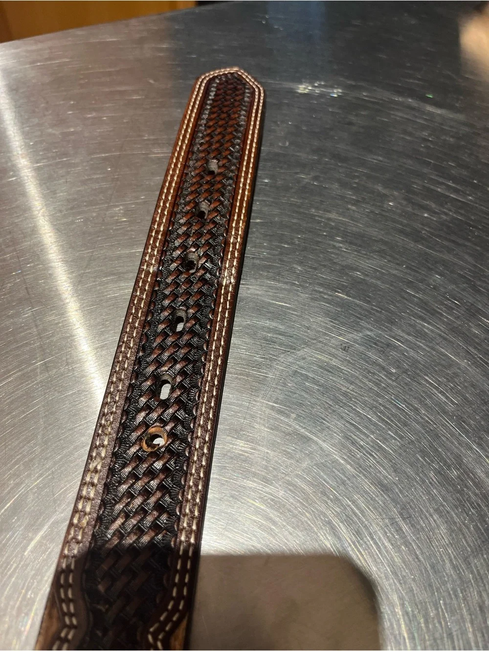 Men's 42 hair on hand tooled Leather Belt with removable Chicago screw conchos